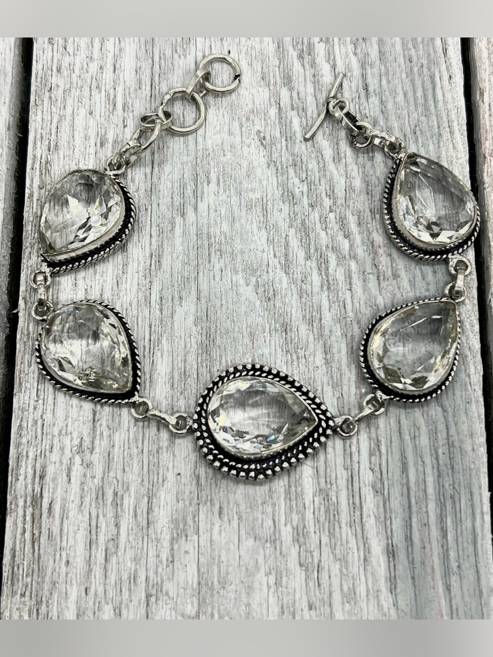352. White Topaz Teardrop Gemstone Sterling Setting Bracelet - Clear Stones